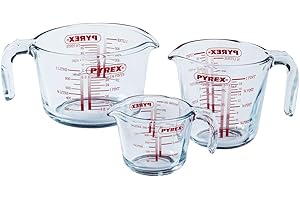 Pyrex - Lot de 3 Brocs Mesureur 0,25L + 0,5L + 1L - Verre Borosilicate - Gradué - Large Poignée pour prise en main facile - Made in France