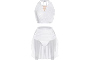 ranrann Tenue Danse Contemporaine Femme Strass Brillant Ensemble Haut et Jupe Short Danse Latine Costume Patinage Artistique Gymnastique