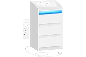 ‎HZUANERI Hzuaneri Nachttisch mit 3 Schubladen, Beistelltisch mit Ladestation und LED, 2 AC-Steckdosenund 2 USB-Anschlüsse für Schlafzimmer, Wohnzimmer, Weiß NS40003X