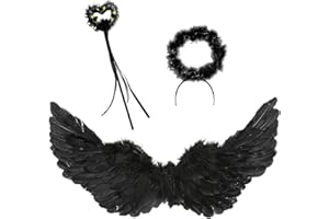 BYHSOEP Skrzydła anioła, czarne, 45 cm, kostium dla dzieci z aureolą i diabelskim skrzydłami anioła, na Halloween, karnawał, kostium anioła, skrzydła wróżki, amorek, cosplay