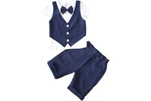 HONGBI Zwei Stück Kinder Streifen Anzug Set Junge Smoking Taufe Hochzeit Festliche Kleidung Set Kurzarm T-Shirt+Fliege+Kurze Hose Gentleman Kinderanzug Sommer Bekleidungssets für Jungen