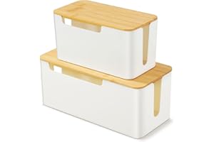 BEZORR Cable Tidy Box, 2 Cable Storage Box with Bamboo Lid, Hiding Messy Cables Wire Management, for Storage Organising Management Desk TV Computer USB Hub Strips Cords White