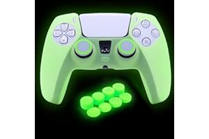 HLRAO Funda protectora de silicona antideslizante verde que brilla en la oscuridad, compatible con el controlador PS5, 8 tapas de agarre para el pulgar y 2 tapas de agarre que brillan en la oscuridad.