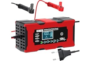 VELOGK Caricabatterie Auto, 10A 12V Mantenitore Batteria Moto Intelligente Mantenitore di Carica Moto Auto con Schermo LCD Carica Batterie per Auto Moto Barche AGM Caricabatterie veloci