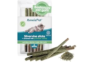 AmeizPet Erba Gatta Secca Per Gatti Pronta, Naturale Bastoncini Matatabi Per Gatti Ricoperto Di Erba Gatta - Bastoncini Da Masticare, Silvervine Pulizia Denti Per Gatti 6 Pcs