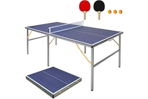 FUNJEPE Mittelgroße Tischtennis-Tische für drinnen und draußen, zusammenklappbar und tragbar, mit Netz, 2 Tischtennisschlägern und 3 Bällen