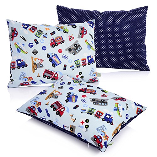 La Petite Unique | 35 x 25 cm Kinder-Kopfkissen | kindgerecht gestaltetes Kinderkissen | 100% schadstofffreies Kuschel-Kissen | waschbares Babykissen | vollständig Ökotex zertifiziert | Autos Blau