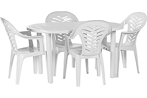 Resol Gala 4 Seater Garden Table & 4 Palma Garden Chairs - White - 73cm x 140cm - Heavy Duty Polypropylene Plastic Outdoor Plastic Oval-Shaped Dining Table and Chairs Set