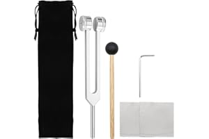 ‎SCETTAR Scettar Stimmgabel-Set, 128Hz Stimmgabel Standardfrequenz Aluminiumlegierung für Klangtherapie und Entspannung, mit Silikon-Hammer-Reparaturwerkzeug, Reinigungstuch-Aufbewahrungstasche (Silber)