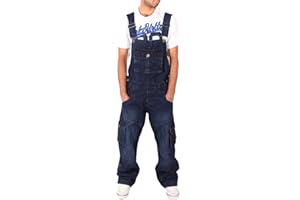 Peviani Men's Cargo Combat Loose Fit Denim Dungarees, Blue