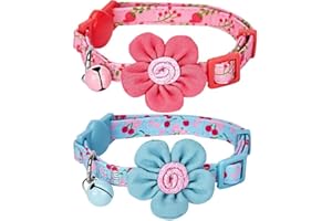Blueberry Pet Pack of 2 Cat Collars, Lovely Cherry and Floral Prints Adjustable Breakaway Cat Collar with Flower & Bell, Neck 23cm-33cm