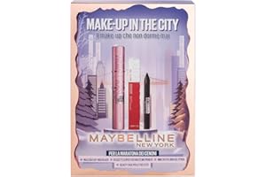 Maybelline New York Cofanetto Idea Regalo di Natale, Con Mascara, Mini Matita Occhi e Rossetto, Con Beauty Case, Make-up in The City, Sky High Classic, Occhi Tattoo Liner Gel, Matte Ink Pioneer (20)