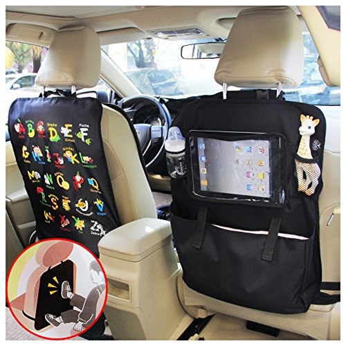 BAYTTER® Rücksitzschoner Rückenlehnenschutz + Rücksitz Organizer mit großer Kapazität, mit durchsichtigem iPad Tablet Fach, für Kinder Früherziehung wasserdicht, mit Mustern von „Alphabet-Muster“, 60 x 45cm, passend für jedes Auto