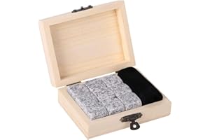 ESTINK Whisky Stones Set di in granito - 9 Cubetti di Ghiaccio per Lui - Whiskey Riutilizzabili - Set di Pietre Whisky - Cubetti Refrigeranti con Scatola di legno(Bianco Sesamo)
