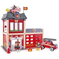 Jouet Hape Caserne de Pompier en Bois - Jeu Garçon Fille 3 Ans et Plus - Pompier, Hélicoptère, Camion Pompier, xtincteur, Hac