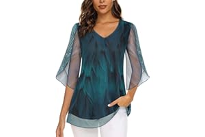 Syphiby Womens Overlap Ruffle Sleeve V Neck Elastic Mesh Blouse Loose Flowy Tunic Tops