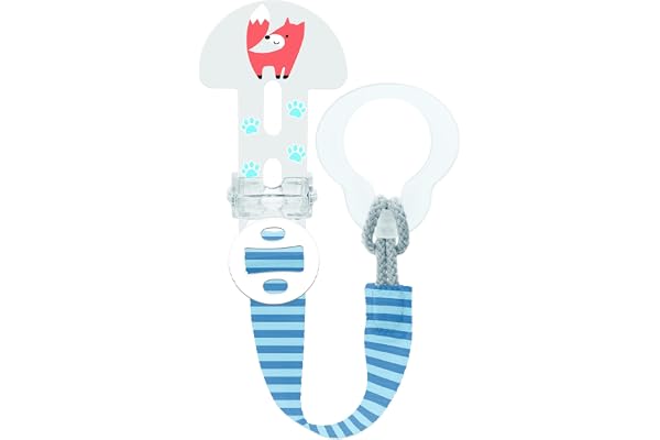 MAM Broche tétine adaptable à tout type de tétine, de dentition et de jouets, longueur réglable, avec couvercle de potection pour tétine, lavable, bleu, lot de 1 unité