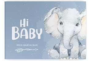 KIDDO Babyalbum - Mein erstes Jahr, Junge Mädchen, Album zur Geburt, Baby-Tagebuch, schönsten Momente und Erinnerungen zum Auszufüllen auf 104 Seiten (ohne Personalisierung, Elefant, blau)