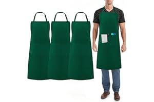 umboom 3 Stücke Grün Kochschürze, Verstellbare Küchenschürze mit 3 Taschen für Herren Frauen, Gastronomie Arbeits Schürze für Kellner Chef Friseur Barista Backen Bar (Polybaumwolle - Grün)