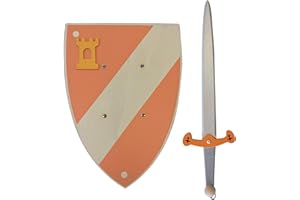 GERILEO Handmade Wooden Knight Sword and Shield - Toy for Kids, Boys and Girls - Complement for Games, Imitation Games, Costume, Medieval, Warrior, Theme Party, Middle Ages (Orange, 42 cm)