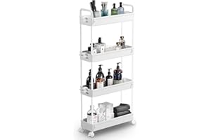 SOLEJAZZ 4-Tier Storage Trolley Cart Slide-out Slim Rolling Utility Cart Mobile Storage Shelving Organizer for Kitchen, Bathroom, Laundry Room, Bedroom, Narrow Places, Plastic, White
