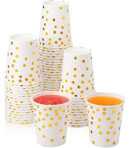 RONGZUBAT 60 stuks wegwerpbare feestpapieren bekers 9 oz, gouden stip