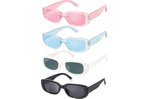 Becellen 4 szt. Prostokątne okulary przeciwsłoneczne 90's Retro Square Vintage dla kobiet Okulary, Czarny, Niebieski, Biały, Różowy, 14.5 x 4 cm
