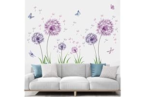 Dandelion Wall Stickers Living Room, TOARTI 54pcs Purple Butterfly Flower Wall Stickers for Bedrooms for Girls, Plant Wall Art Stickers, Dandelion Wall Decal for Adults Baby Nursery Room Wall Decor