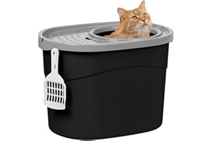 Iris Ohyama Cat Litter Box with Scoop, Up to 7kg, Black/Gray, Top Entry, Cat Litter Tray, Enclosed, For Kitten, High Sided, Hooded, Large, Jumbo, BPA Free, Deep, Easy to Clean, TECL-20