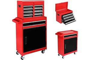 Karl home 5-Drawer Rolling Tool Chest, 2-in-1 Toolbox w/Detachable Top Cabinet, Lockable Wheels, Hooks, Mechanic Tool Organizer Box for Garage, Workshop, Warehouse & Repair Shop, Black & Red
