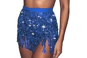 SINLOV Belly Dance Skirts Dancing Hip Tassel Scarf Belt Sequin Wrap Skirt Rave Costume for Women Girls (Light Blue)