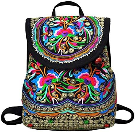 LazLake Vintage Women Canvas Backpack Handmade Embroidered Bag Girls Ethnic Backpack Flower Rucksack Travel School Bag MZ01 01