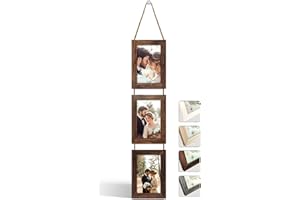 NEOWS Portafotos Múltiple Decorativo para Colgar en Pared - Marcos de Fotos Multiples de Madera Con Cuerda - Collage Portarretratos Colgante - Fotos 10x15 cm (Madera Envejecida, 3 Fotos Vertical)