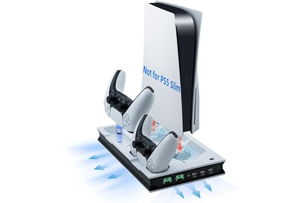 Mcbazel PS5 Supporto di Ricarica per Raffreddamento Regolabile Con Gancio per Cuffie, LED Stazione di Ricarica per Doppio Controller Con Dischi per PS5 Console(Non per PS5 Slim/PS5 Pro)