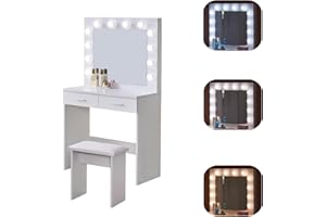 OFCASA White Dressing Table with Hollywood LED Lights Mirror 2 Drawers Girls Makeup Vanity Table with Stool for Bedroom