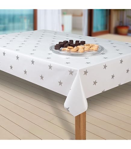 PVC Tischdecke Mit Sternen-Muster – Grau/weiß, Abwaschbar, Größe 140 X 100 Cm
