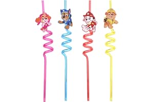 MEVSIM STORE Paw Patrol Kinder Strohhalme – 4er Set wiederverwendbare Spiral Trinkhalme aus Kunststoff – Bunte Strohhalme für Kindergeburtstag, Party Deko, Schule & Feiertage
