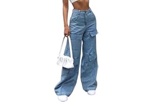 Runstarshow Baggy Jeans for Women Cargo Trousers Y2K High Waisted Denim Pants Women Wide Legs Jeans with Pockets Vintage Casual Fashion Streetwear Size 6-20 for Ladies Tees Girls