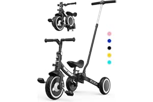 besrey 5 in 1 Kleinkind-Dreirad mit Lenkschiebegriff für 1-5 Jahre, faltbares Laufräder, Kleinkind-Fahrrad mit Radkupplung, größere Räder, abnehmbare Pedale, höhenverstellbarer Sitz, Schwarz