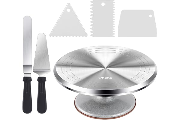 Ohuhu 30 cm tårtdekoration, roterande tårtställ, aluminiumlegering, tårtdekorationsverktyg med 2 glasyrspatel och kam, glasyr, jämnare, bakning, tårtdekoration, set