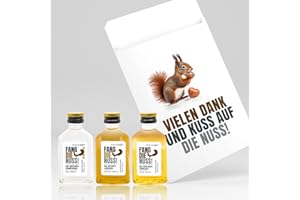 Fang die Nuss! | 6-teiliges Mini Geschenk-Set "Vielen Dank und Kuss auf die Nuss!" | Haselnusslikör + Haselnuss Schnaps + Walnuss Likör + Aufkleber + Gutschein | Probier-Box Eichhörnchen
