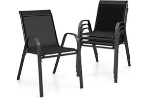 GIANTEX Lot de 4 Chaises de Jardin Extérieures, Chaise de Salle à Manger Empilables Cadre en Acier avec Mains Courantes, Fauteuil d'Extérieur avec Dossier et Siège Ergonomiques (Noir)