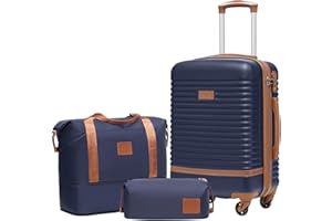 COOLIFE Suitcase Trolley Carry On Hand Cabin Luggage Hard Shell Travel Bag Lightweight with TSA Lock,The Suitcase Included 1pcs Travel Bag and 1pcs Toiletry Bag (Blue/Brown, 20 Inch Luggage Set)