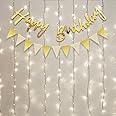 Party Propz Happy Birthday Banner | LED String Lights | Paper Flags | Bunting Flag | Birthday Decor Items, Gold
