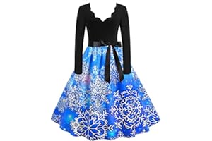 AZISEN Weihnachtskleid Damen, Weihnachtskleider für Damen 2023 Große Größe A-Linie Swing Partykleid Schneemann Weihnachtsbaum Druck Cocktailkleid Elegant Langarm Vintage Weihnachtsmotiven