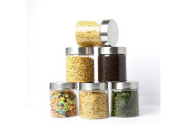 PEARLPET Plus Range Plastic Storage Jars & Containers For Kitchen Stackable Air Tight Steel Cap Jar Set Of 6 Food Grade Boxes For Kitchen storage Bpa-Free 6 pieces of 500 Ml,Transparent