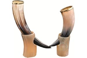 THE ANTIQUE HOUSE Lot de 2 cornes de bœuf pour boire avec support de style viking