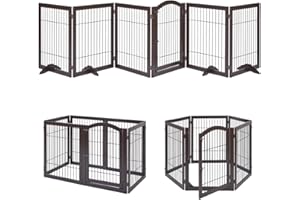 unipaws Extra Wide Dog Gate, Pet Playpen with Wooden Construction and Wire, 6 Panels Freestanding Walk Through Pet Gate with 4 Support Feet, Foldable Pet Exercise Pen, Espresso