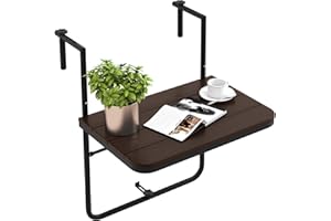 COSTWAY Mesa Colgante Plegable de Balcón, Altura Ajustable en 3 Niveles, Barandas de 3-15 cm, Mesa Plegable Balcon, Terraza, 40X60cm, hasta 30kg (café)