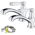 Maynosi Bathroom Basin Pillar Taps, Pair Basin Sink Taps with Dual Ceramic Levers, Traditional Faucet for Washroom, 1/4 Turn, Include Flexible Hoses, Solid Brass, Chrome Finished